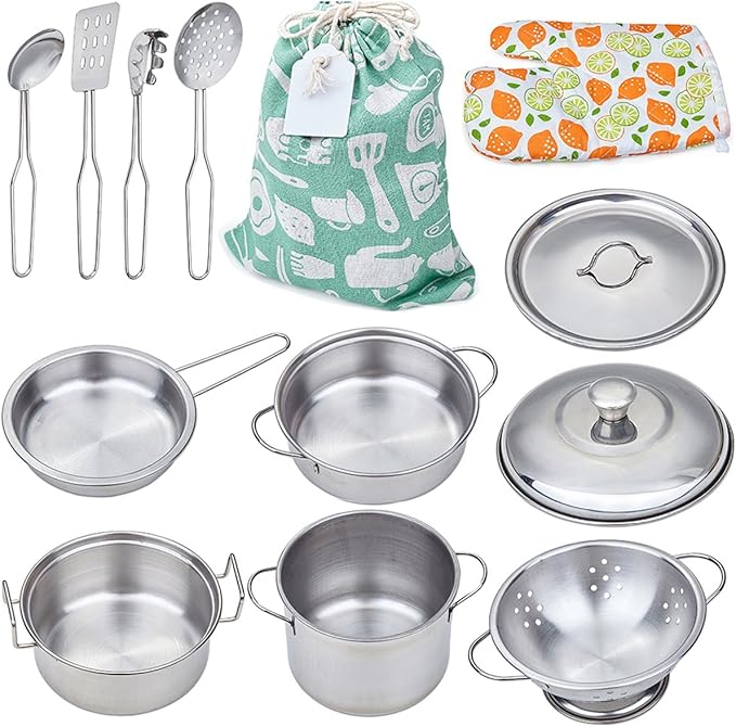 Juego de ollas y sartenes de juguete para niños, juego de cocina de simulación, mini utensilios de cocina de acero inoxidable, juguetes de desarrollo para niños pequeños y niños a partir de 3 años