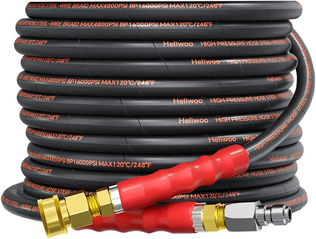 Manguera para hidrolavadora Heliwoo de 7, 6 m (25 pies), 9, 5 mm (3/8"), 4800 PSI, sin marcas ni torceduras, con extremos de conexión rápida y adaptadores para agua fría y caliente hasta 60 °C (140 °F)