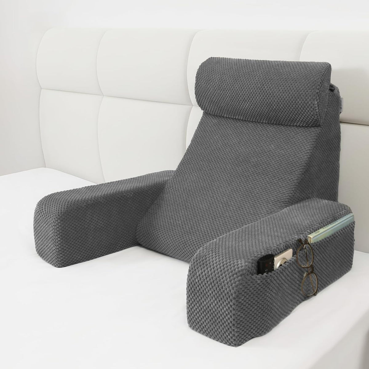 Almohada de lectura Vekkia, almohada para la espalda para adultos sentados en la cama, almohada de apoyo lumbar con brazos integrados y bolsillos XL, silla de descanso para leer, jugar, relajarse, gris