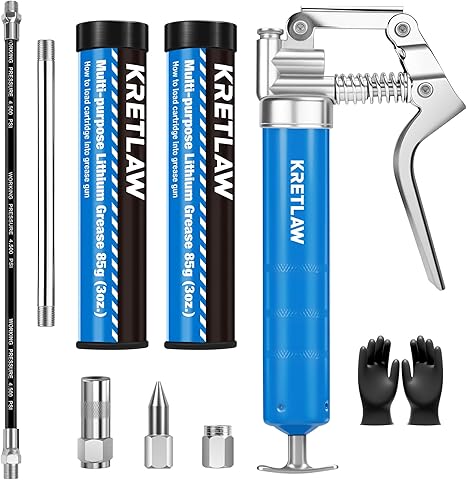 KRETLAW Mini pistola de grasa (3000PSI) con doble cartucho de grasa de 3 oz y manguera flexible de 12 pulgadas, acoplador reforzado para automóviles