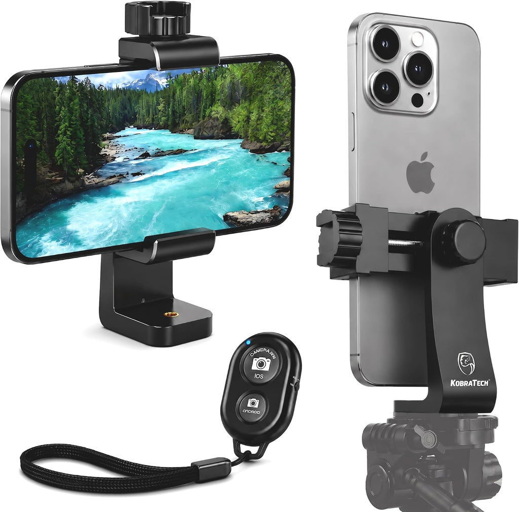 Adaptador de montaje para trípode KobraTech para iPhone - Compatible con cualquier smartphone - Incluye disparador remoto Bluetooth - Soporte universal para teléfono UniMount 360 para trípode