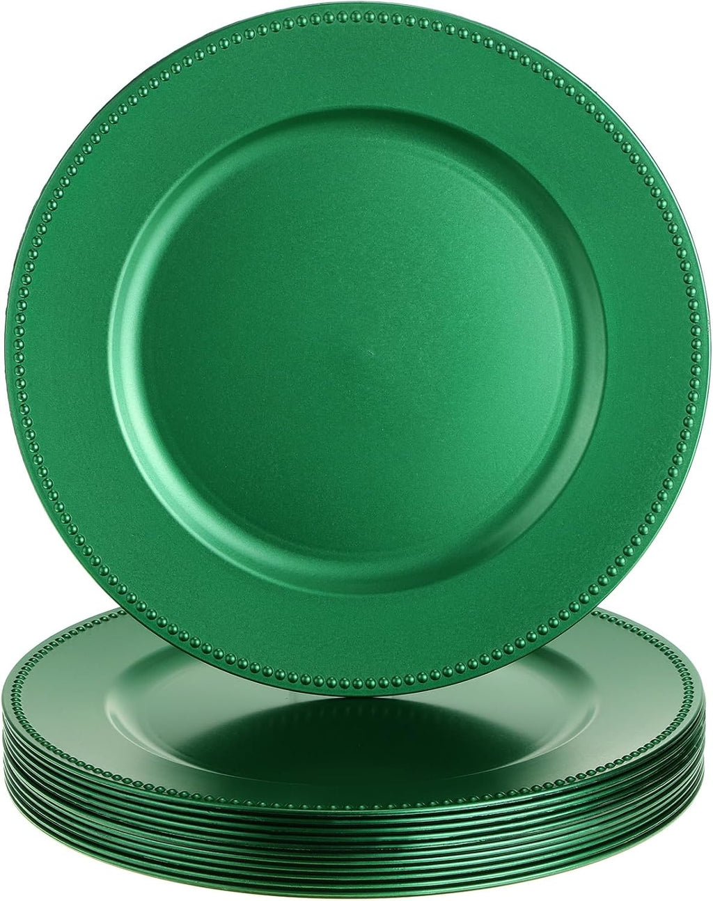 Gerrii 12 Platos base metálicos con cuentas, platos redondos de plástico de 13 pulgadas, platos base con cuentas para bodas, fiestas y decoración de mesas (verde, con cuentas)