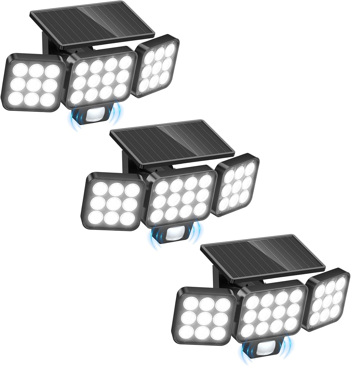 WdtPro Luces Solares de Inundación para Exterior Pack de 3 | 3500LM con Sensor de Movimiento | 3 Cabezales y Panel de Vidrio | LED Solar Impermeable de Seguridad