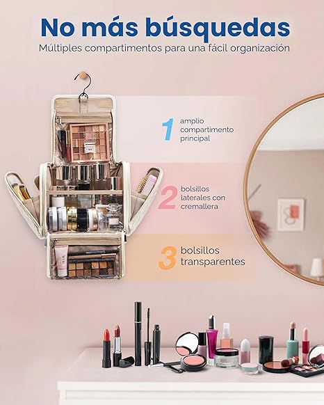 BAGSMART Bolsa de maquillaje para mujer con gancho para colgar, gran capacidad portátil, resistente al agua, organizador de viaje para artículos de tocador y cosméticos, color rosa