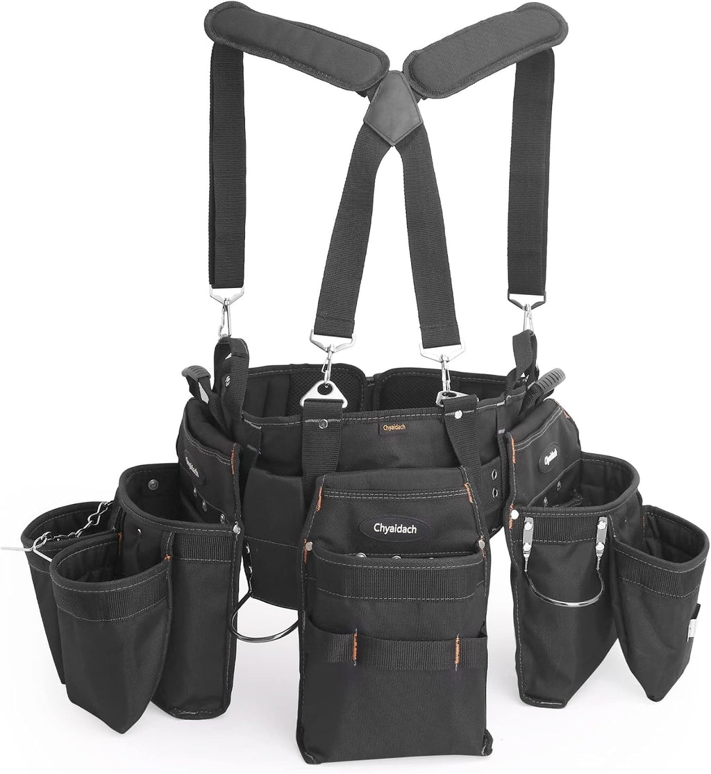 Cinturón de herramientas Chyaidach de 16 bolsillos para hombre con tirantes, bolsa para herramientas desmontable y ajustable y soporte para la espalda. Combo de cinturón de herramientas para electricistas, carpinteros, constructores