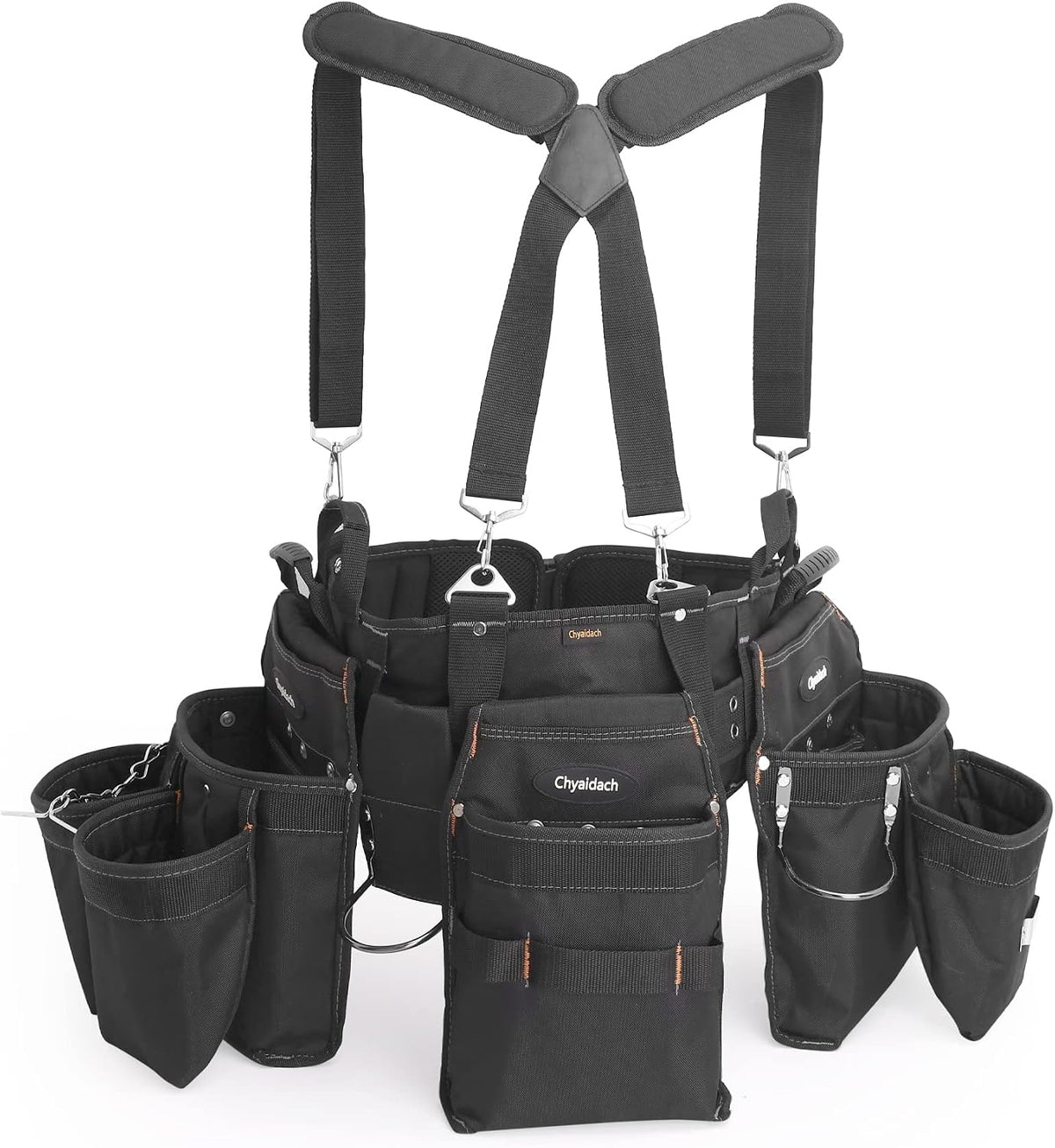 Cinturón de herramientas Chyaidach de 16 bolsillos para hombre con tirantes, bolsa para herramientas desmontable y ajustable y soporte para la espalda. Combo de cinturón de herramientas para electricistas, carpinteros, constructores