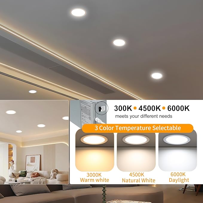 Pack de 6 Luces LED Empotrables de 8" Ultra Delgadas con Caja de Unión – 3000K/4500K/6000K Seleccionable, Regulables 5-100%, 1800LM