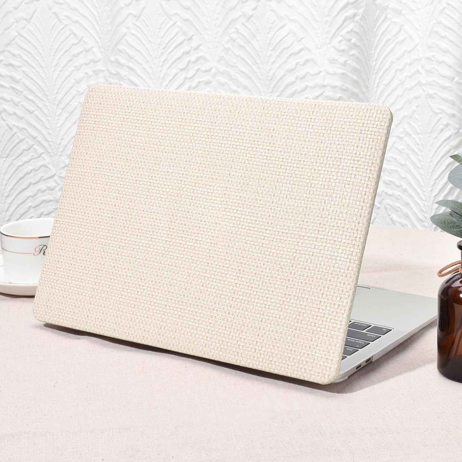 Seorsok Compatible with MacBook Air 13.6 inch Case 2022-2024 2025 A3240 M4 A2681 M2 A3113 M3 Touch ID,Elegant Leather Plastic Hard Case with Transparent Keyboard Cover,Beige Woven No Logo Cutout