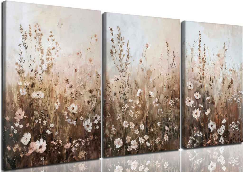 CHTEXA Set de 3 Cuadros de Flores Silvestres en Lienzo | Arte Botanico Rustico en Tonos Neutros | Decoracion de Pradera Beige y Cafe | Estilo Granja Moderna | 30x40 cm