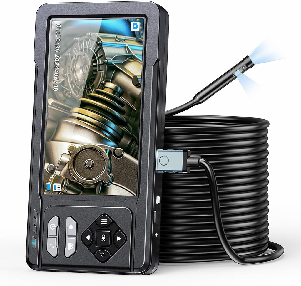 Camara Endoscopica con Luz y Tarjeta de 32GB | Boroscopio 1080P HD, Pantalla IPS 4.3 pulgadas, Sonda IP67 de 5.5mm, 6 LEDs, Cable Semirrigido de 16.4 pies