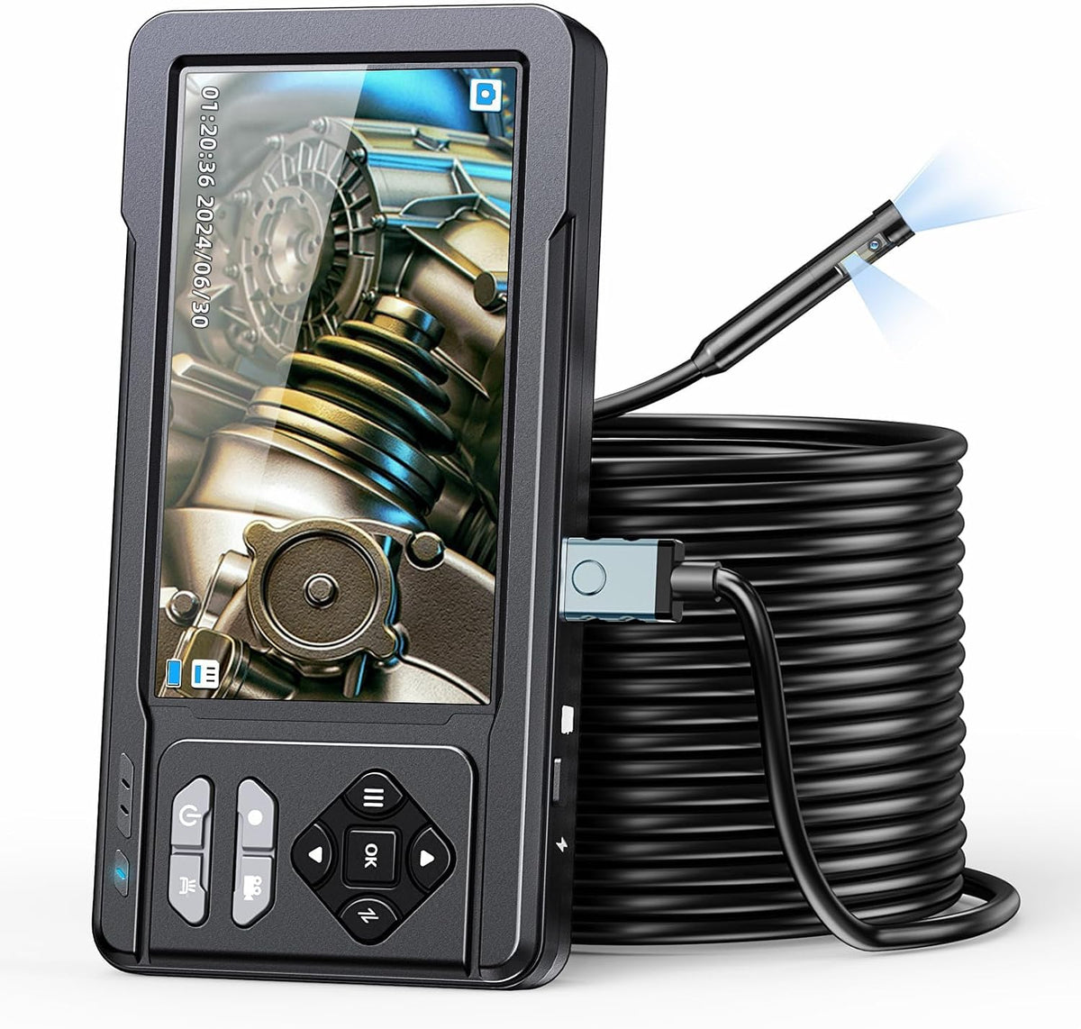 Camara Endoscopica con Luz y Tarjeta de 32GB | Boroscopio 1080P HD, Pantalla IPS 4.3 pulgadas, Sonda IP67 de 5.5mm, 6 LEDs, Cable Semirrigido de 16.4 pies