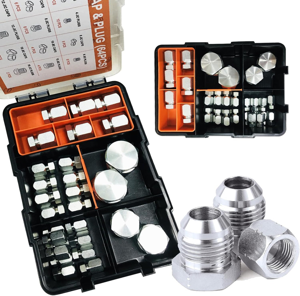 Kit de 70 tapas y tapones de manguera hidráulica (le faltan 2 piezas), kit surtido de tapones y tapones JIC de 37°, kit adaptador de sello resistente con roscas de precisión, juego de montaje de campana de acero