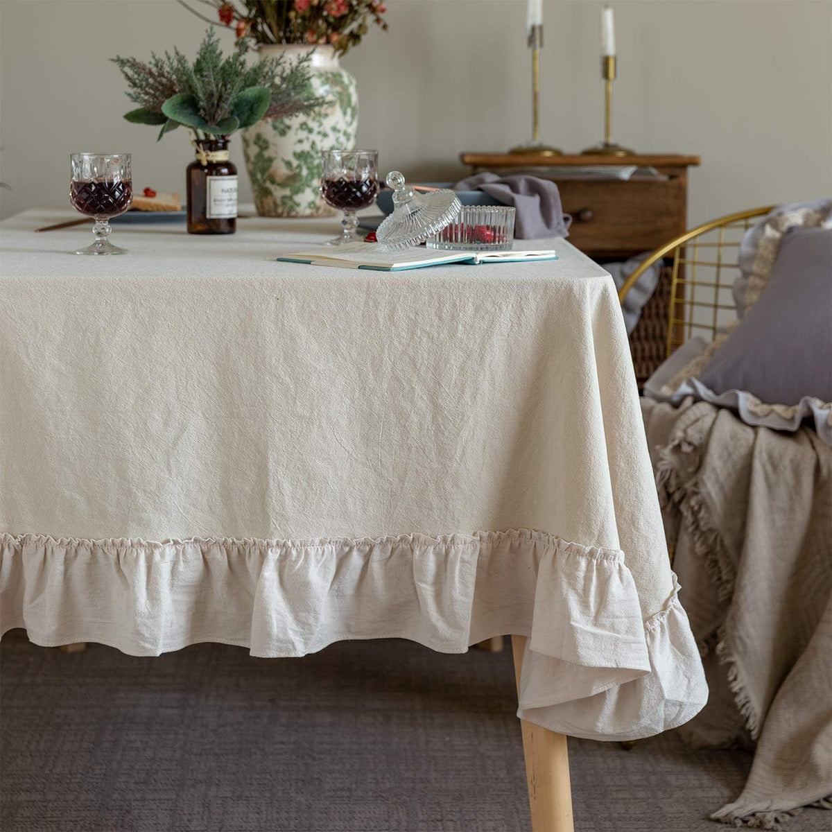 Mantel Retro Granja GLORY SEASON Algodón Volantes Lavable Cubierta Mesa Rectangular - 152 x 305 cm - Decoración Fiesta Ducha Boda