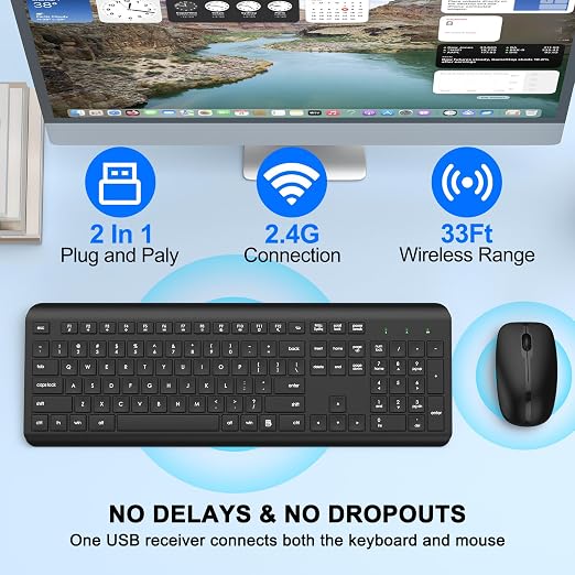 Combo Teclado y Mouse Inalámbrico Ergonómico – Silencioso, 2.4 GHz, Batería de Larga Duración