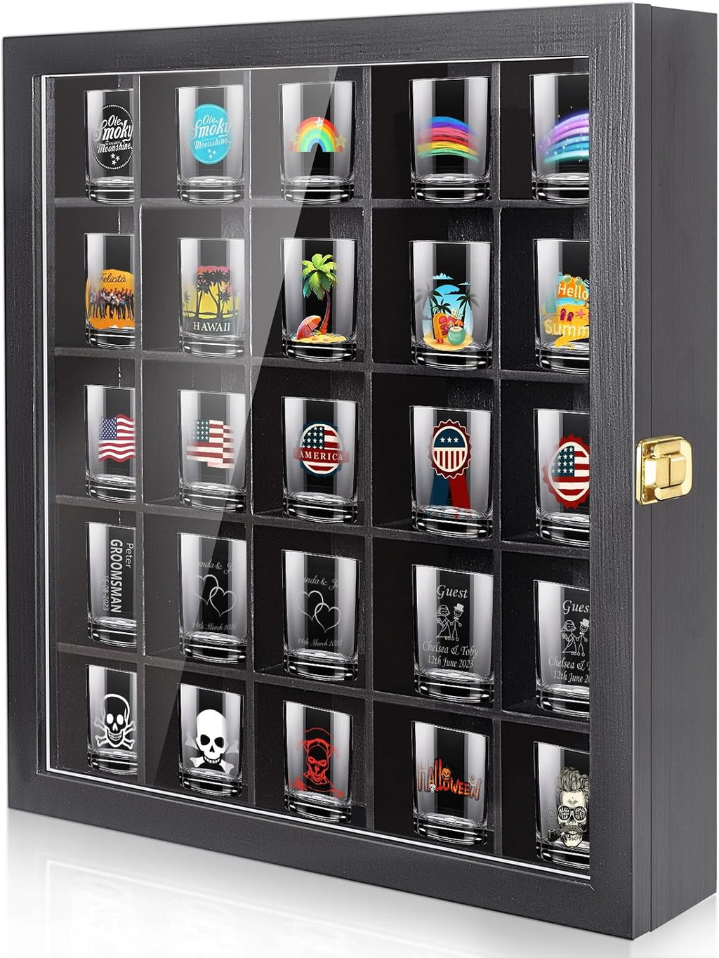 Vitrina Tutata para Vasos de Shot | Estuche de 25 Espacios con Puerta | Almacenamiento Montado en Pared | Negro