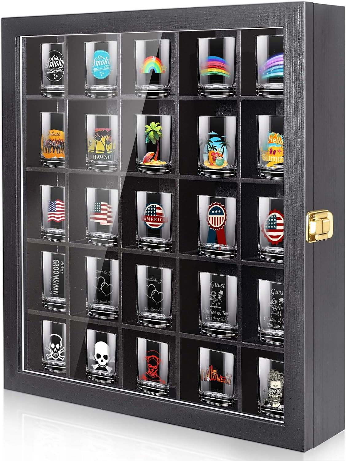 Vitrina Tutata para Vasos de Shot | Estuche de 25 Espacios con Puerta | Almacenamiento Montado en Pared | Negro