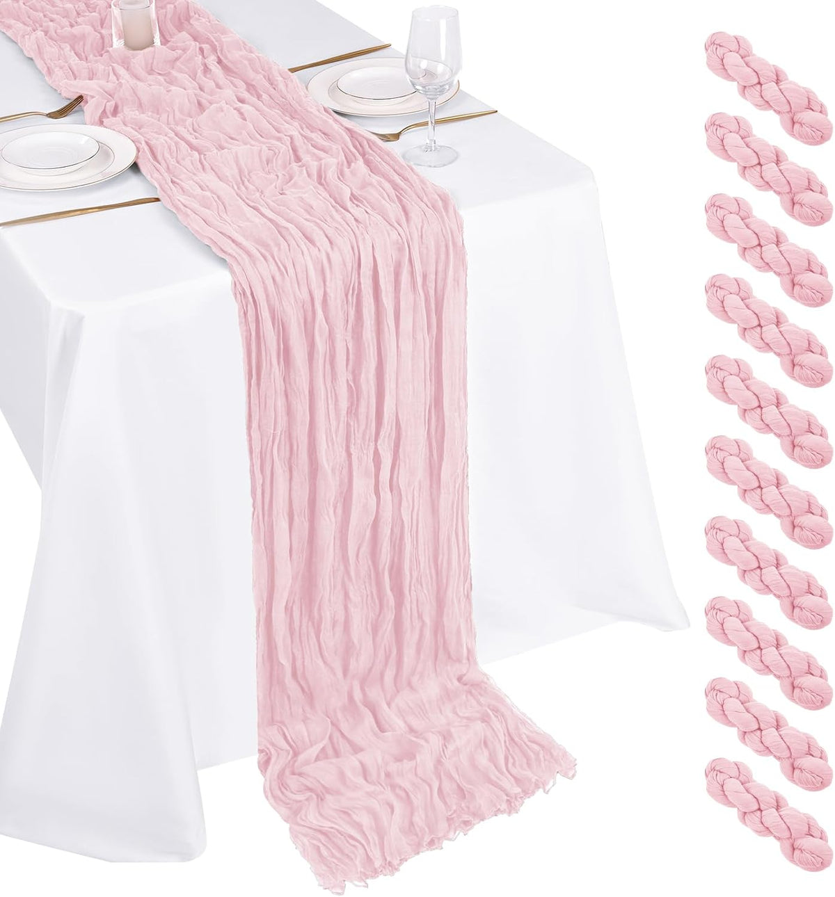 Caminos de Mesa Muselina Rosa Claro Paquete de 10 Piezas 43x274 cm Boho Gasa Muselina para Bodas Fiestas Fiesta de Bebé Cumpleaños Decoración del Hogar