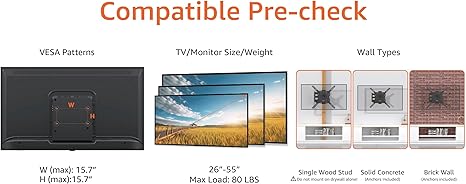 Amazon Basics Soporte de pared articulado de movimiento completo, con giro e inclinación, para televisores de 26" a 55" y paneles planos de hasta 80 libras, compatible con VESA, negro