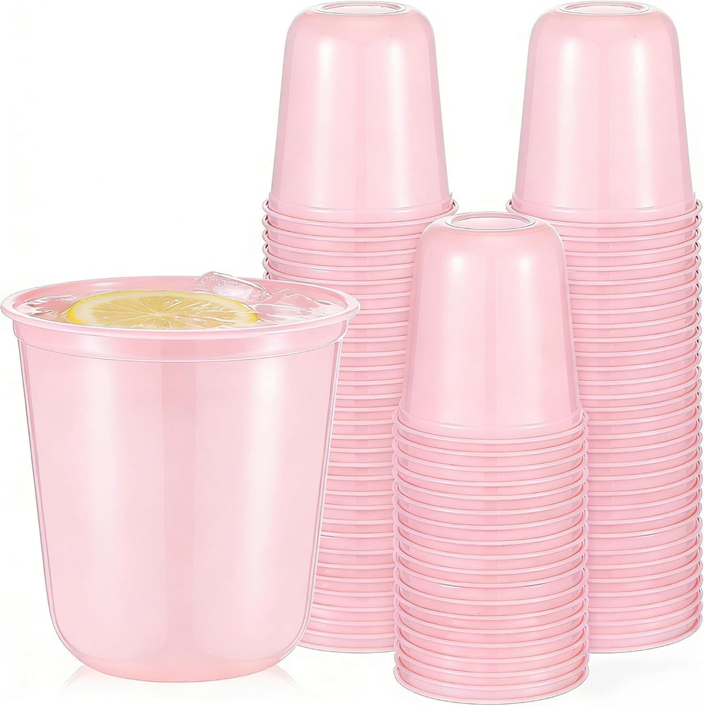 Ziliny 50pcs Plastic Pure Pink Cups,12oz Disposable Stemless Wine Glasses | transparent texture,disposable plastic material,stemless design,wedding birthday party use,cocktail serving,baby shower