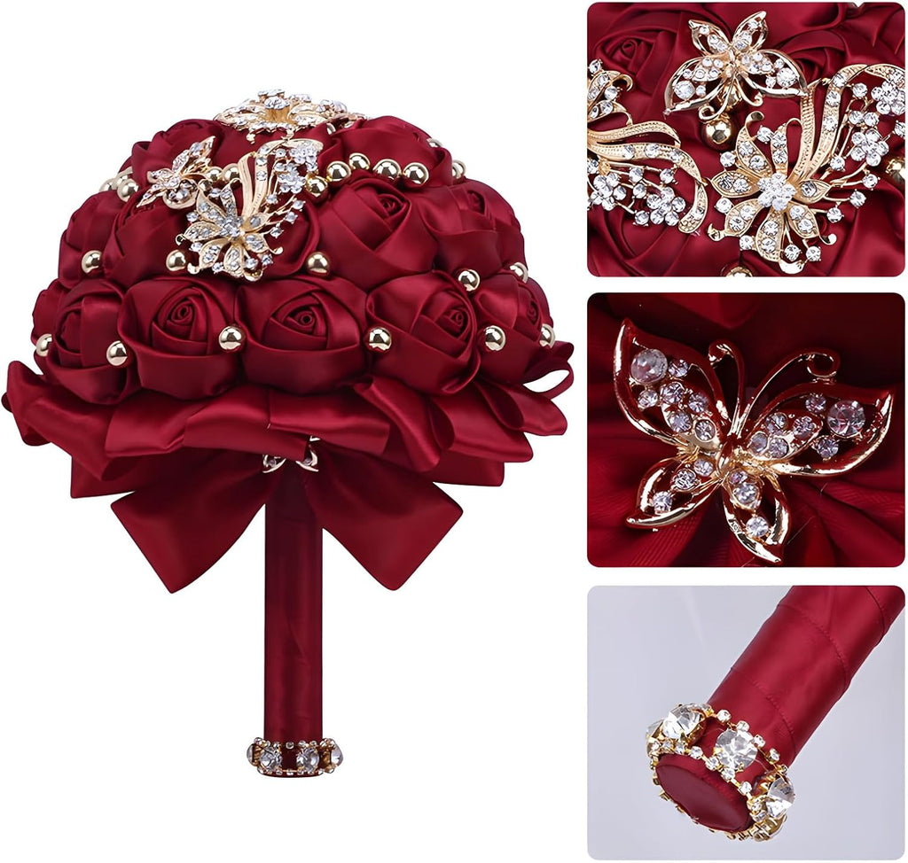 Ramo de Novia Cileruide 18 cm | Flores de Satín Rojo Borravino, Rosas Artificiales con Botón Broche para Bodas y Quinceañera (#306)