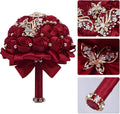 Ramo de Novia Cileruide 18 cm | Flores de Satín Rojo Borravino, Rosas Artificiales con Botón Broche para Bodas y Quinceañera (#306)