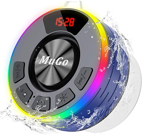 Altavoz de ducha Bluetooth MuGo impermeable IPX7, sonido estéreo HD 360° para baño, Bluetooth 5.3 con luces RGB, ventosa y micrófono, mini radio de ducha para el hogar/fiesta/exterior