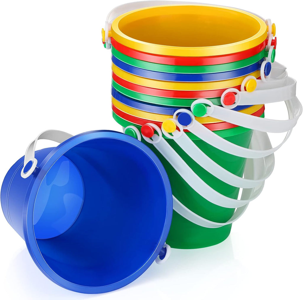 Didaey 12 Pcs Sand Buckets Beach Pails Kids,5 Inch,Red,Yellow,Blue,Green | Plastic Pails with Handles, Sandbox Play Water Carrying, Summer Party Favors, Colorful Beach Toys, Castle Building Molds