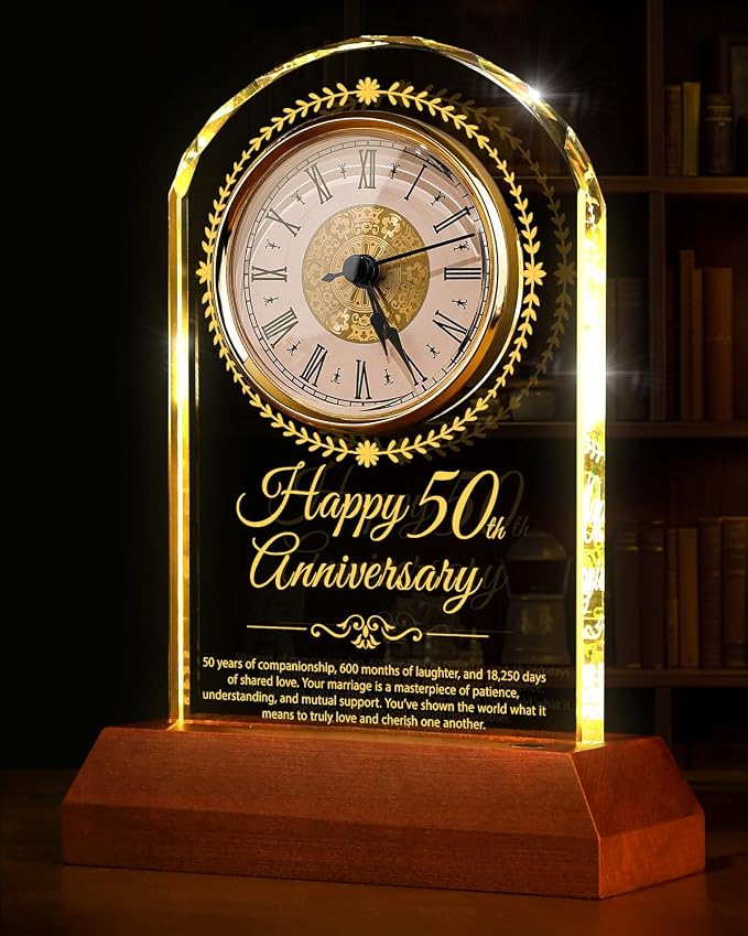 Reloj de cuarzo de cristal para aniversario de boda con base de luz de madera, regalo de 50 años de matrimonio, regalo de decoración de aniversario dorado, para padres, abuelos, pareja