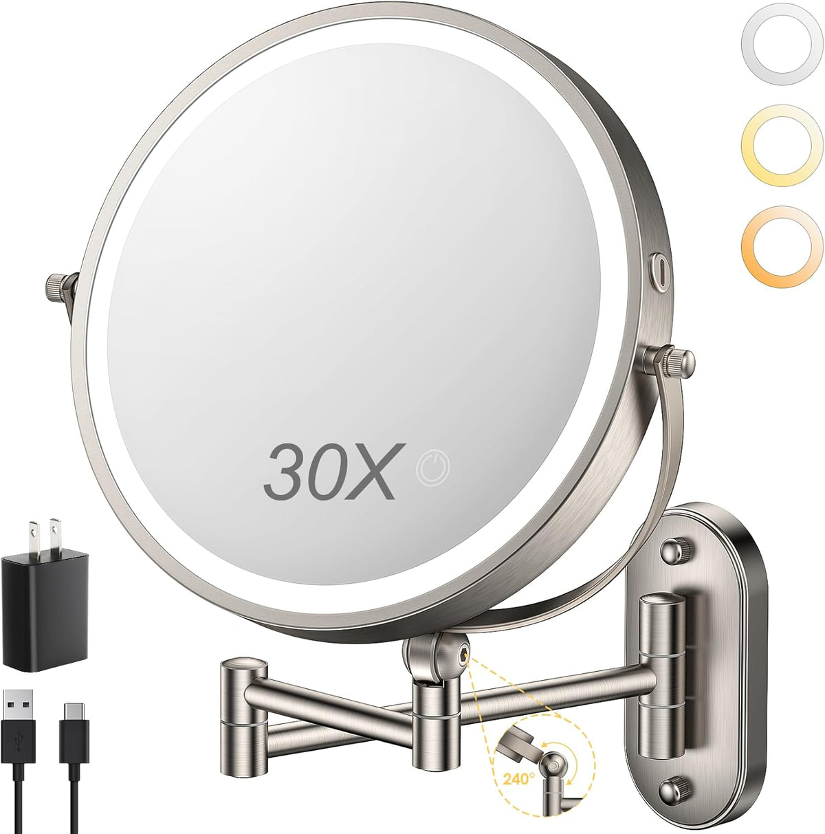 Espejo de Maquillaje ZLOKLA 9 pulgadas con Luz | Montaje en Pared, Recargable 4000mAh, Doble Cara 1X/30X | Brazo Extensible, Rotación 360° y 3 Tonos de Luz