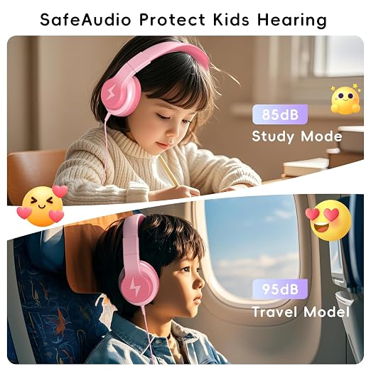 Auriculares con cable Candy Bila para niños con micrófono, limitador de volumen de 85/94 dB, para niñas y niños, color rosa claro.