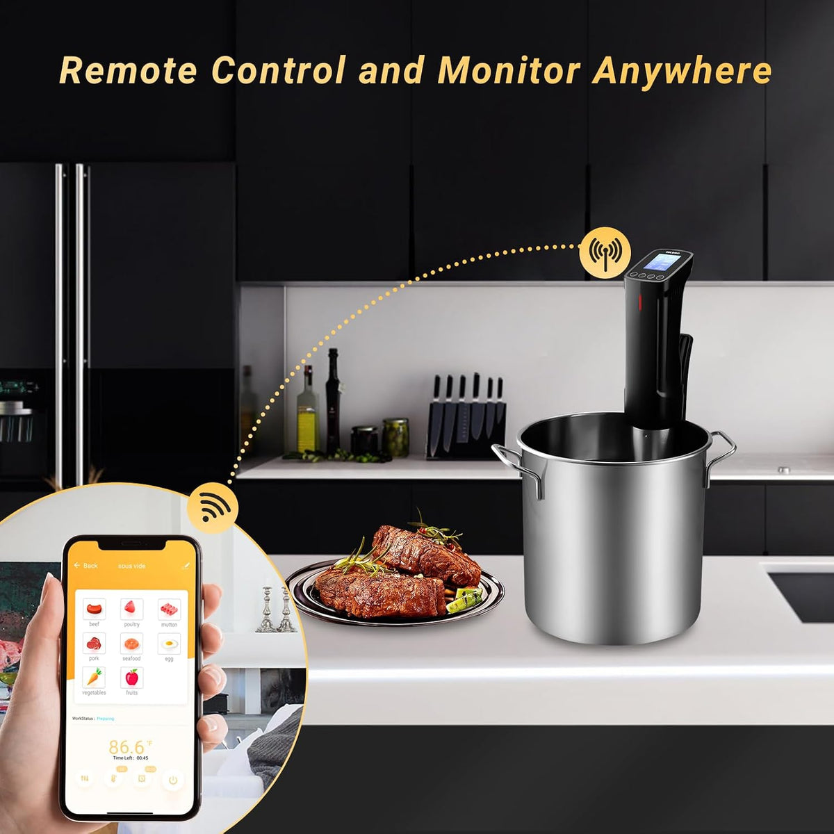 Máquina de cocción al vacío WiFi INKBIRD ISV-100W, 1000 vatios de potencia, control preciso de temperatura y tiempo con calentamiento rápido, circulador de inmersión inalámbrico inteligente, 14 recetas preestablecidas en la aplicación.