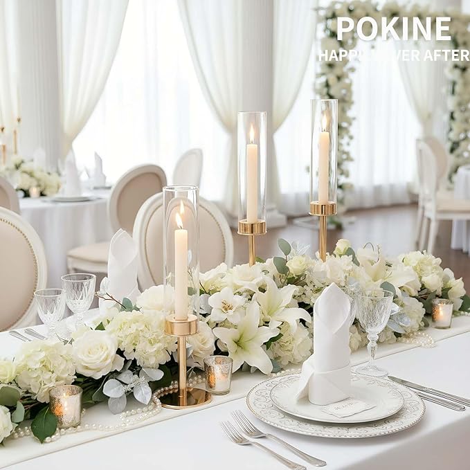 Portavelas Cónicos Dorados con Cilindro de Huracán | 5 Piezas | Decoración y Bodas