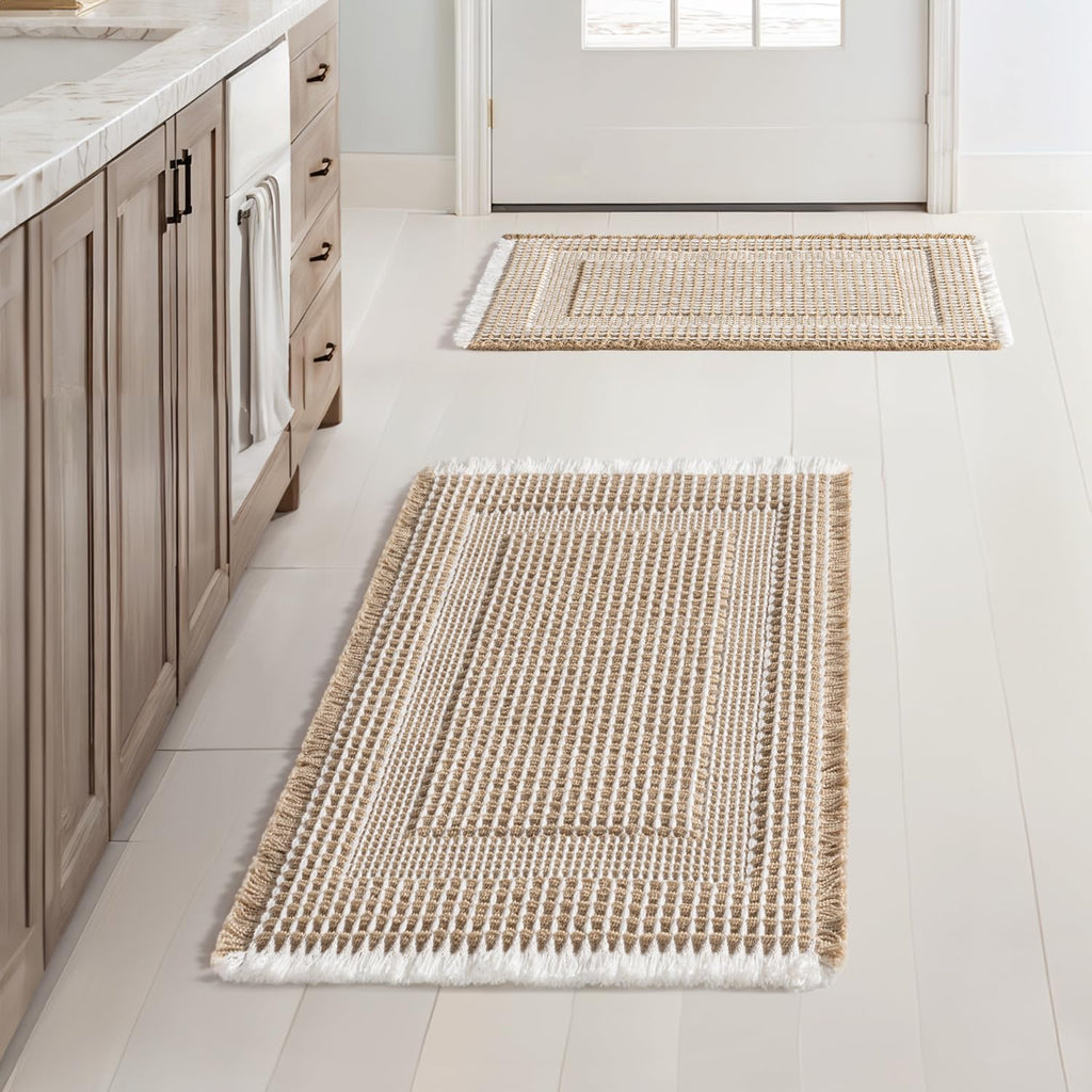 Set 2 Tapetes de Baño MIULEE Waffle Boho — Antideslizantes, Lavables y Super Absorbentes, Café 17"x24"+17"x48"