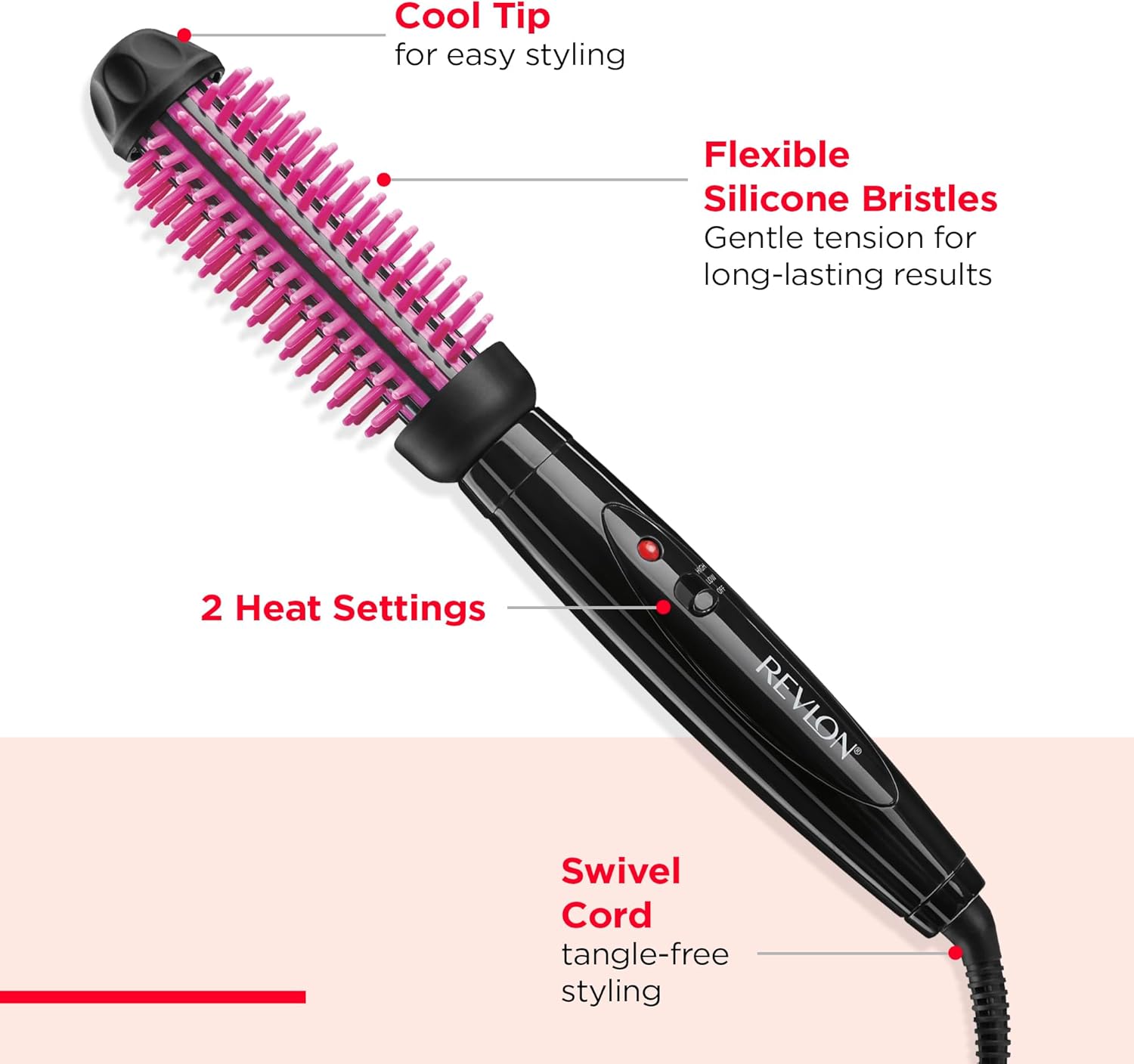 REVLON – Cepillo Caliente con Cerdas de Silicona | Barril 1" | Volumen Duradero y Estilos Suaves | Estilizado Rápido | Color Negro/Rosa