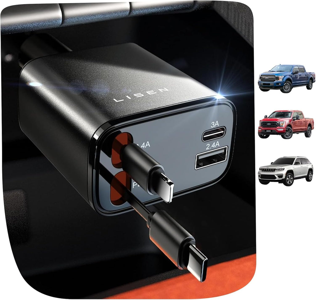 Cargador de coche retráctil LISEN 4 en 1 para coches, cargador USB-C retráctil de 69 W con cable de 80 cm, carga rápida para iPhone 17 16 15 14 13 12 Pro Max Plus, accesorios compactos para coches para uso diario.