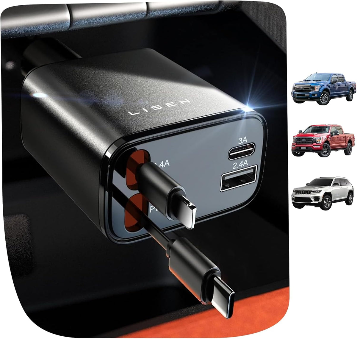 Cargador de coche retráctil LISEN 4 en 1 para coches, cargador USB-C retráctil de 69 W con cable de 80 cm, carga rápida para iPhone 17 16 15 14 13 12 Pro Max Plus, accesorios compactos para coches para uso diario.