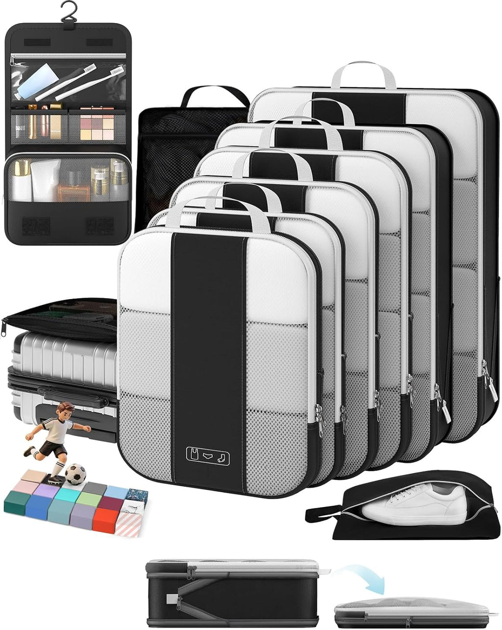OlarHike Set de 10 Cubos de Compresion para Viaje | Organizadores Expandibles y Comprimibles para Maleta | Bolsas Organizadoras de Equipaje para Ropa | Negro