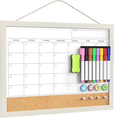 Tankee - Calendario borrable en seco, pizarra blanca para pared, magnética, para pared, oficina, cocina, hogar, notas, planificador escolar,17 x 13 pulgadas, con corcho y marco de madera