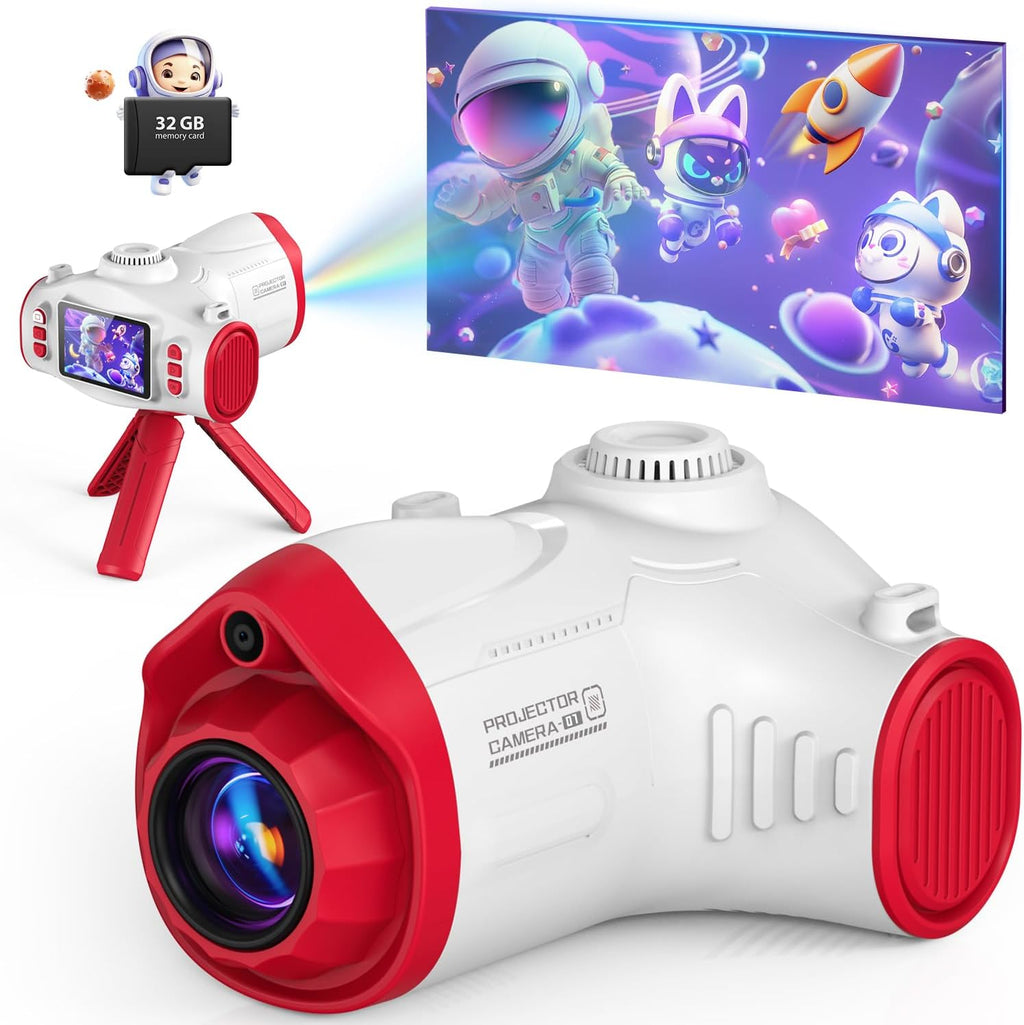 Cámara para niños con proyector, pantalla grande 1080P, grabadora de fotografía con trípode y cordón, 32 GB, videocámara para vlogs de 3 a 12 años, regalo de cumpleaños y Navidad, color blanco 