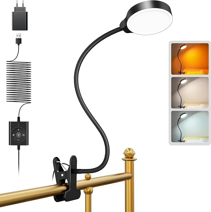 Glocusent Lámpara LED de Lectura 5W con Pinza – 36 LED, 3 Colores, 5 Niveles de Brillo | Ideal para Cama, Litera y Escritorio