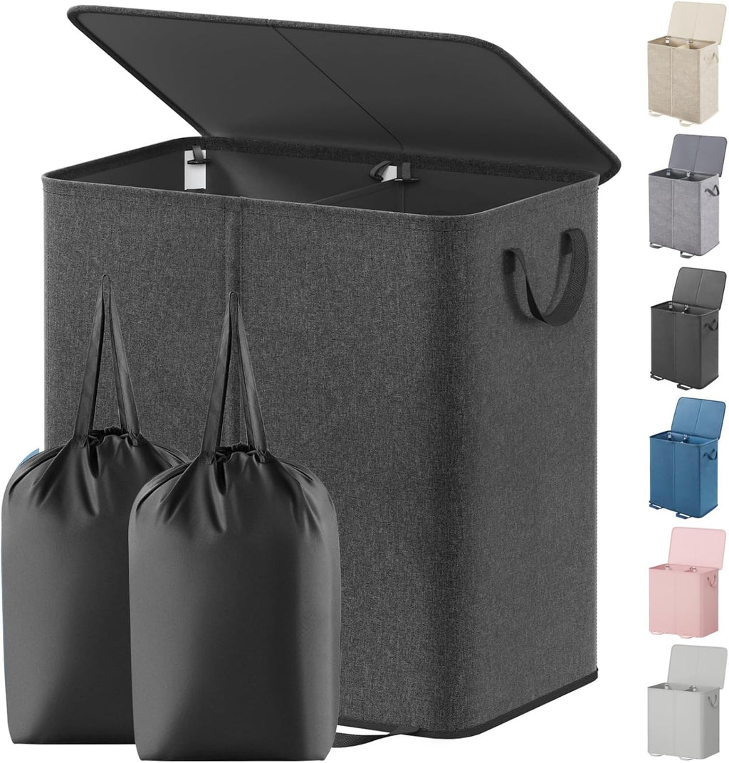 Lifewit Cesto de Ropa Doble con Tapa y Bolsas Removibles | Gran Cesto Plegable de 2 Divisiones con Asas para Dormitorio, Bano y Closet | 136L Negro