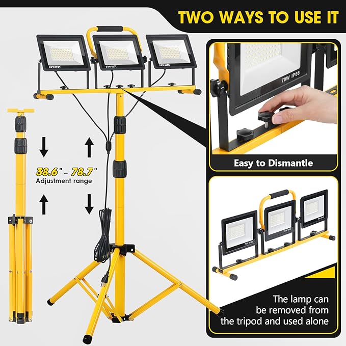 Upgraded LED Work Lights with Stand, 21000 Lumen, 3-Head Adjustable Work Light, Waterproof Foldable Tripod, Extended Cord for Outdoor & Indoor Job Sites, Workshops, Construction, Garage Lighting