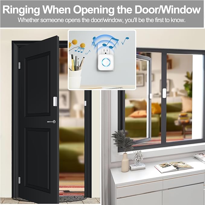 Satisure - Timbre de puerta inalámbrica con sensor de contacto abierto, alarma de alerta para negocios/tienda/hogar/dormitorio al entrar con rango de 600 pies, 58 campanillas, 5 niveles de volumen, indicadores LED