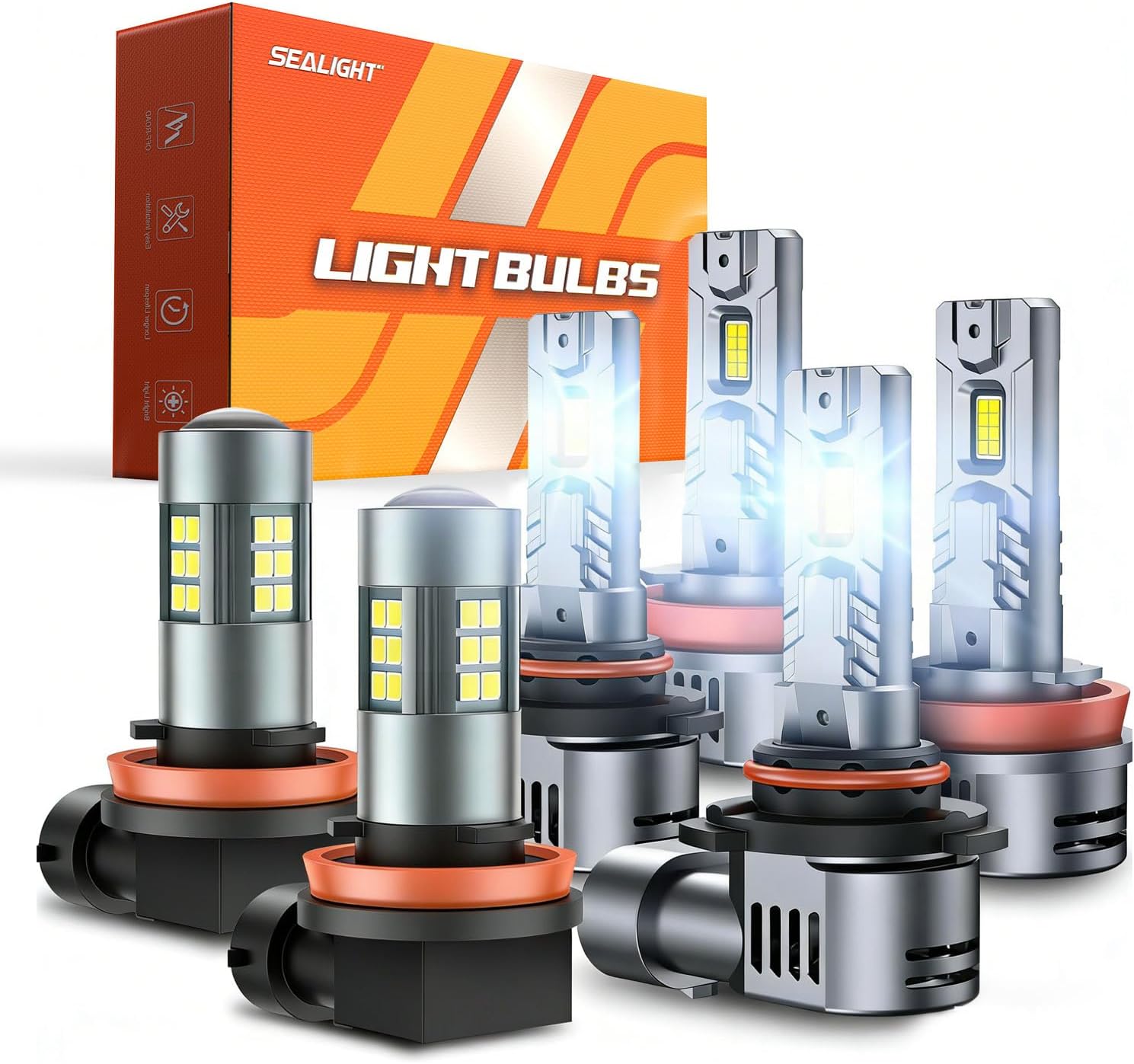 SEALIGHT 9005/HB3 H11/H9/H8 Light Bulbs Combo and F1 H11 LED Fog Light Bulbs 66,000LM Ultra-Bright 6500K 9005 H11 Bulbs with 14000RPM Cooling Fan, 360° Illumination, True Plug-N-Play, Pack of 6