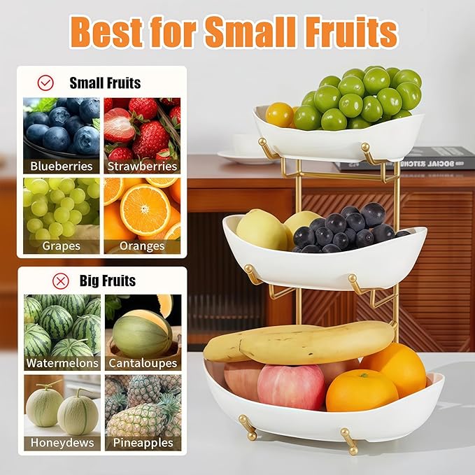 Frutero de cerámica para encimera de cocina, cesta de frutas de 3 niveles con soporte de metal, soporte de frutas escalonado para encimera, aperitivos, nueces, pasteles, postres, lindo (dorado, pequeño)