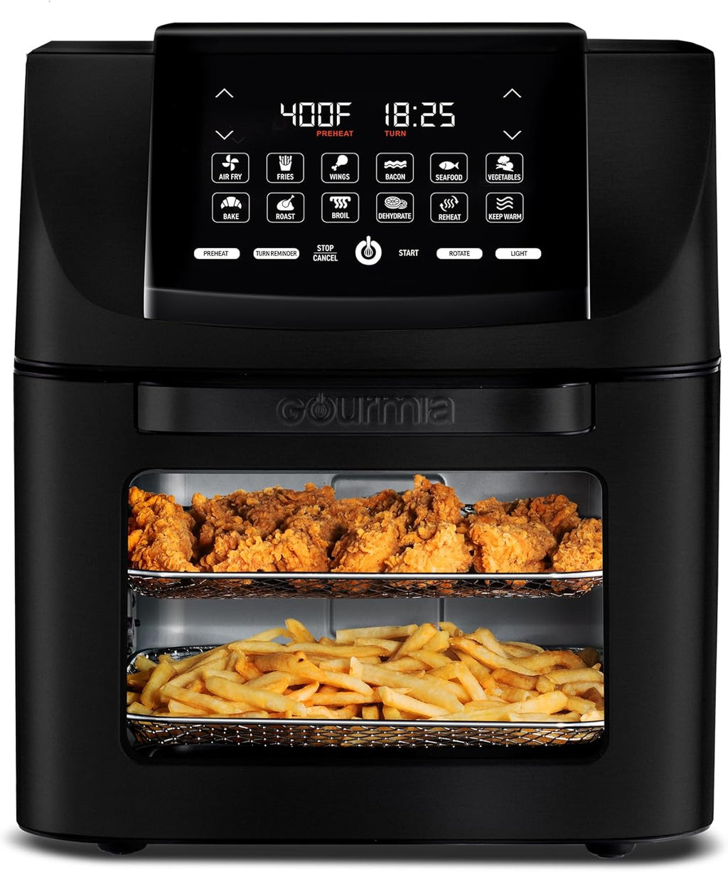 Freidora de Aire Gourmia 14 Qt Todo en Uno | Horno con Rotisserie | Pantalla Digital con 12 Programas | Asa, Hornea, Dora y Deshidrata | Accesorios Aptos para Lavavajillas | Negro