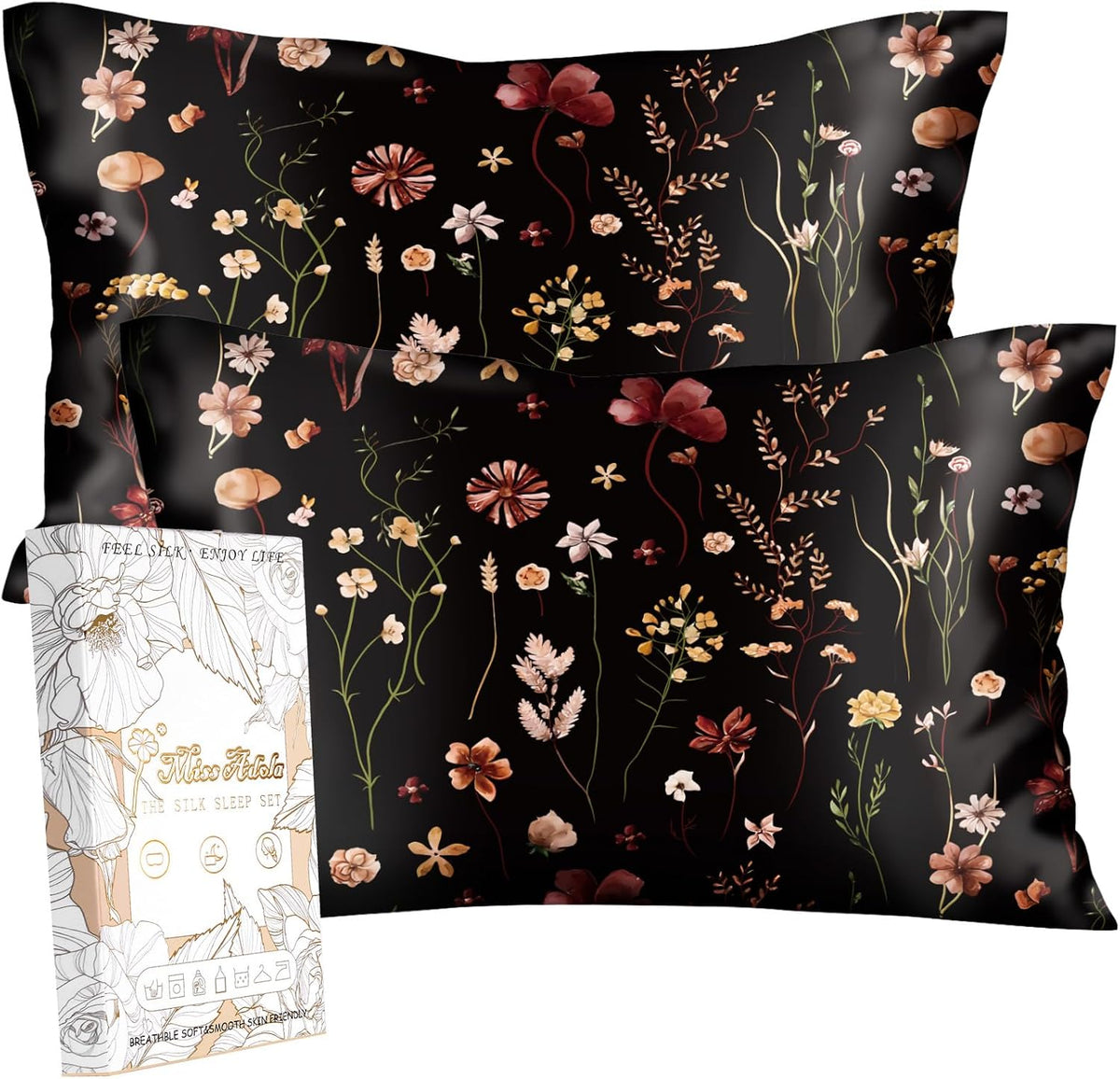 Funda de almohada de seda morera Miss Adola, paquete de 2, para cabello y piel - Tamaño King 20 x 36 pulgadas con cremallera oculta. Funda de almohada de seda suave para dormir BK Grow Flower de 19 momme para mujeres y madres.