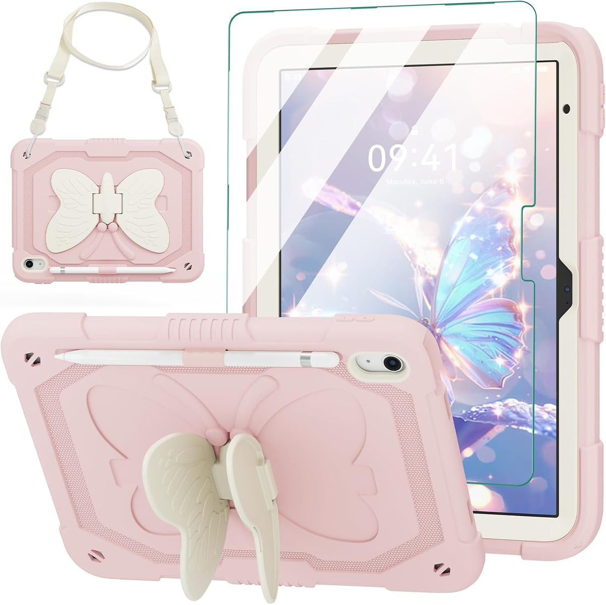 Funda ACEMO para iPad 10ma Generación 10.9 Pulgadas / iPad A16 11ma Generación 11 Pulgadas | Con Protector de Pantalla, Correa, Portalápiz y Soporte | Linda para Niños y Niñas | Oro Rosa