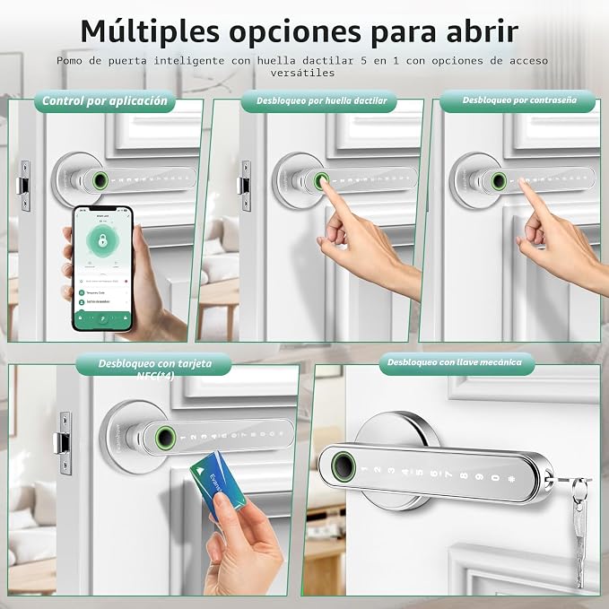 Cerradura inteligente de puerta con perilla, cerraduras de puerta sin llave con manija, perilla de puerta por huella dactilar para recámara/puerta principal/apartamento