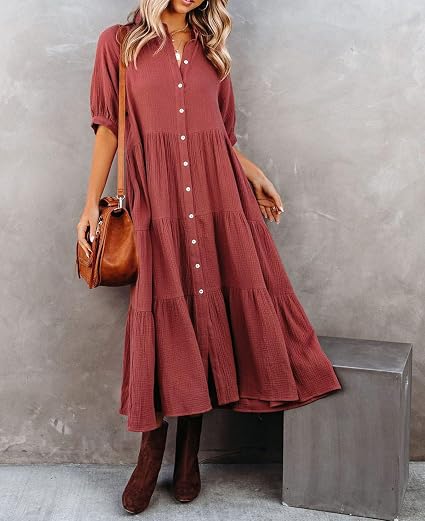 TALLA S-R.Vivimos Vestido de verano para mujer con mangas de media manga, de algodón, con botones, casual, suelto, con abertura